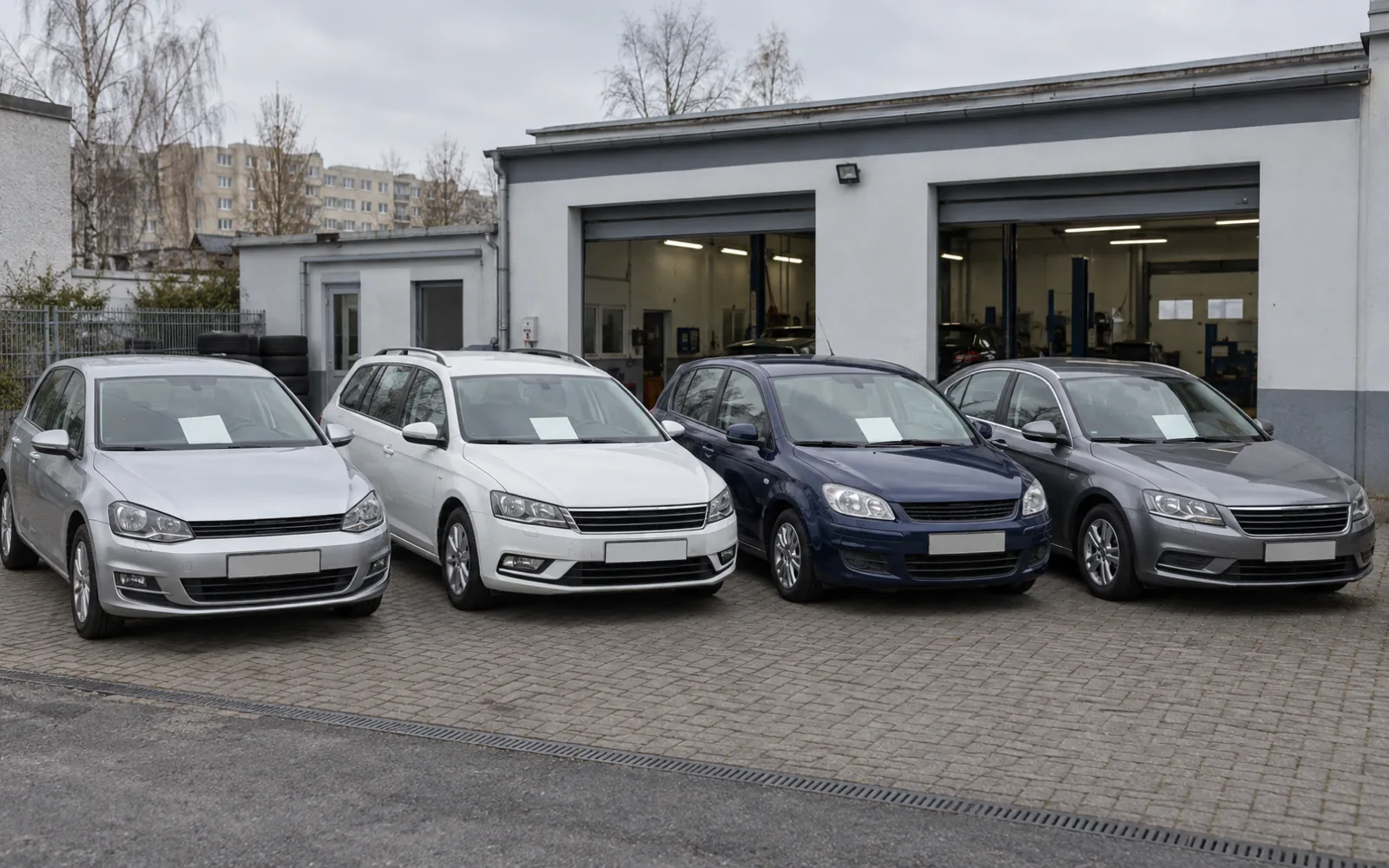 Gebrauchtwagen auf dem Hof der Werkstatt
