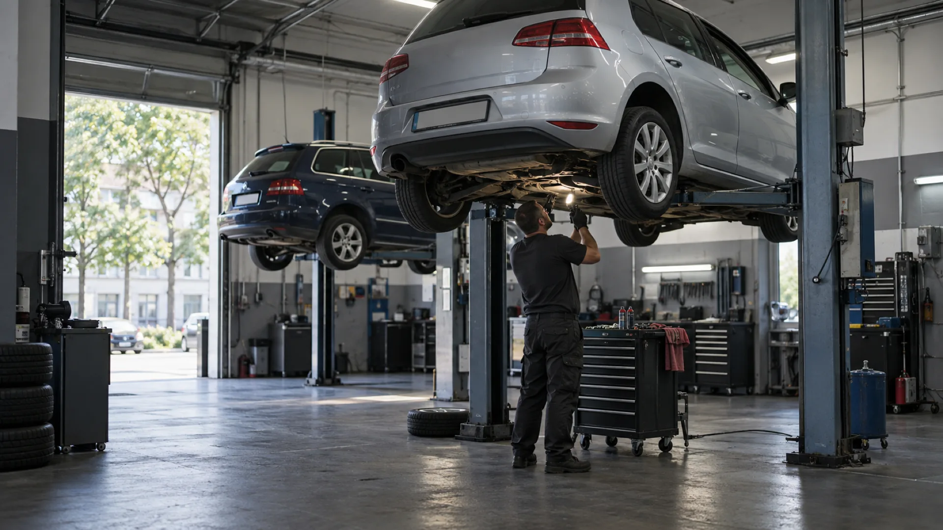 Blick in die Werkstatt: Fahrzeug auf der Hebebühne